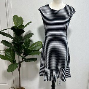 Draper James Women's Stripe Sheath Dress Ruffle Size S Navy White Sleeveless Zip